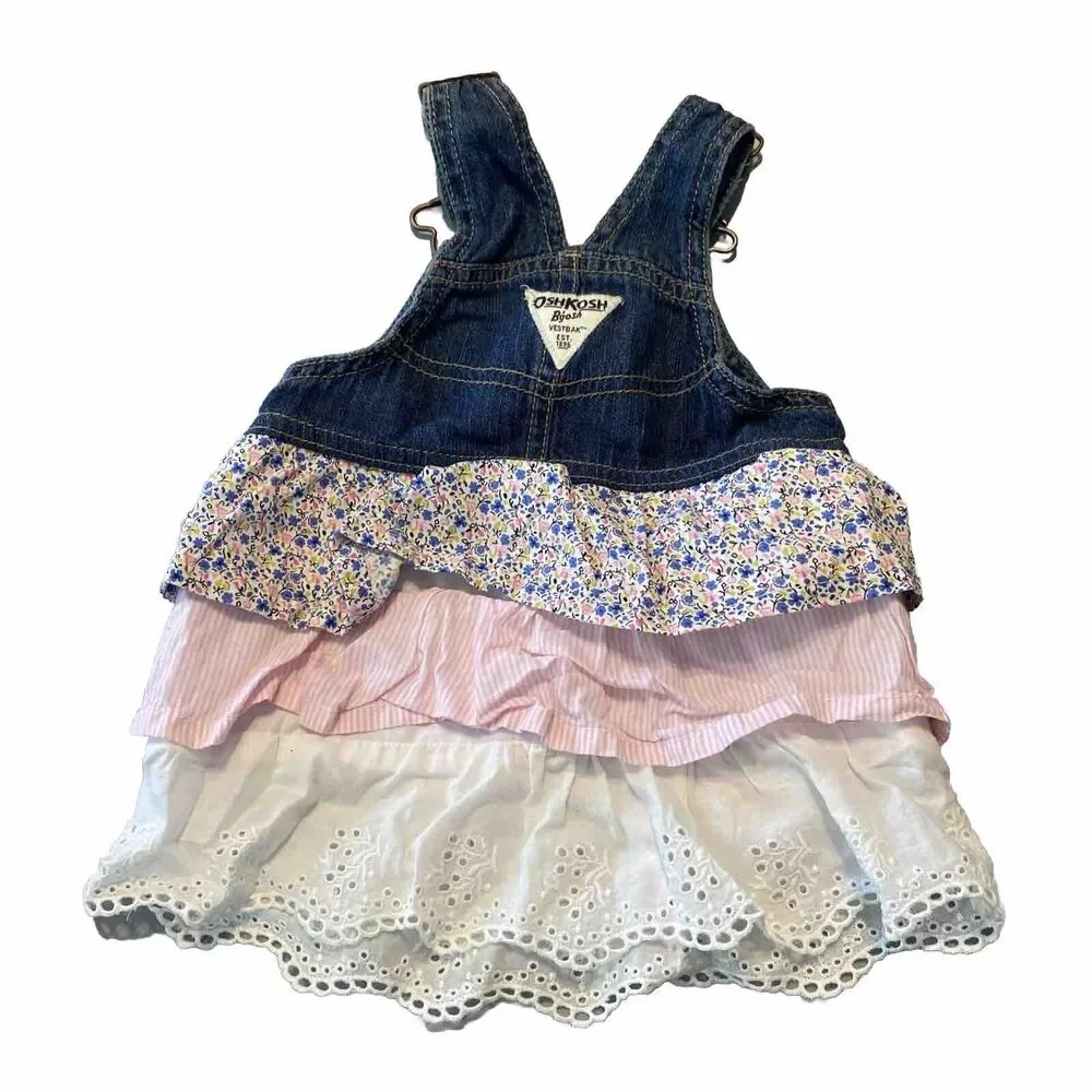 Vintage Girls 9 Months Oshkosh B'gosh Vestbak Overall Tiered Floral Dress Bibs